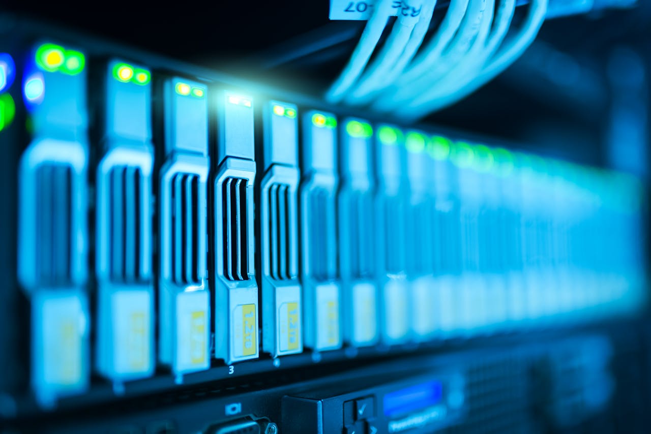 About Detailed image of a server rack with glowing lights in a modern data center.